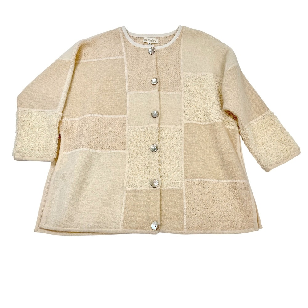 Escada Vintage Patchwork Mohair Wool Cardigan Jacket Beige Cream Size 36